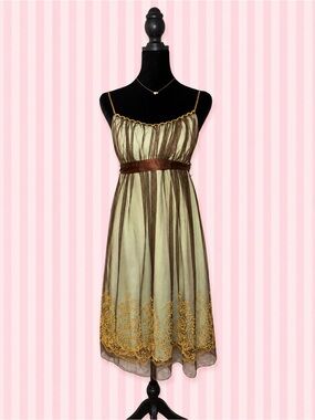 Vintage Teeze Me Sage Green Brown Embroidered Mesh Dress | Y2K Fairy Grunge